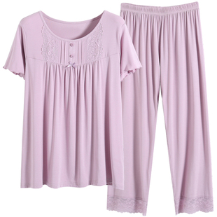 妈妈睡衣女夏季薄款短袖长裤莫代尔棉绸家居服夏天加肥加大码套装
