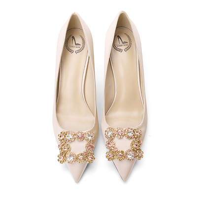 LUKE方扣水钻名媛香槟色高跟鞋女单鞋细跟百搭尖头新娘鞋缎面婚鞋