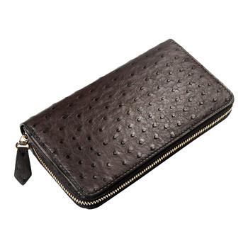 Fusion handmade leather goods high-end customize brown ostrich leather side-connected leather version trapezoidal men's zipper clutch bag