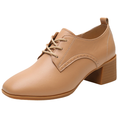 粗跟软牛皮舒适系带中跟单鞋女