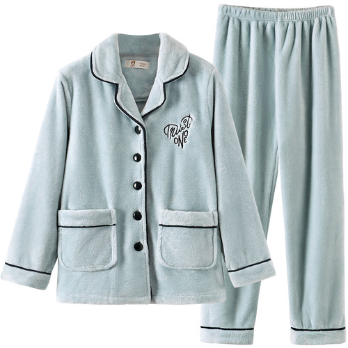 睡衣女秋冬款冬季珊瑚绒家居服法兰绒加厚款冬天大码加绒保暖套装