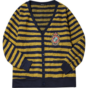 韦恩泽维尔加肥加大学院大码宽松V领刺绣提花条纹开衫毛衣男1250