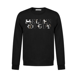 HELLEN&WOODY男装秋季新款简约时尚修身动物刺绣套头长袖印花卫衣