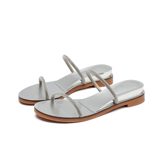 夏季新款仙女风一字带水钻坡跟套趾凉拖鞋度假小码32外穿平底凉鞋