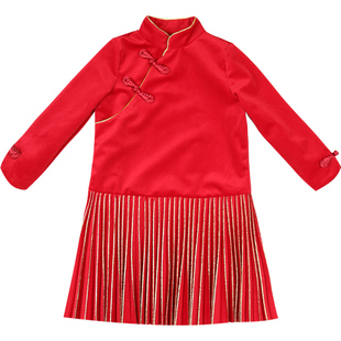 LittleNaive女童红色连衣裙中国风新中式旗袍裙冬季儿童生日礼服