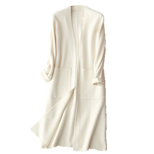 春秋季针织开衫外套毛衣女100纯羊毛简约无领配裙子旗袍外搭长款