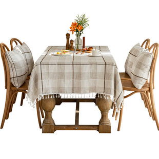 格子桌布北欧简约花边流苏布艺棉麻长方形餐桌正方形茶几小清新