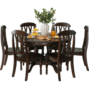 美式轻奢简约全实木圆餐桌椅组合圆形大饭桌子欧式餐厅家用餐台