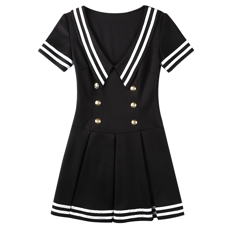 足浴技师服海军风连衣裙女性感2026新款显瘦足疗桑拿工作服夜场裙