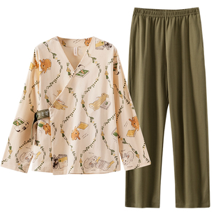 睡衣女春秋款纯棉长袖甜美日式和服月子开衫家居服孕妇全棉套装夏