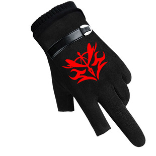 手套男冬季骑行防风防寒fate麂皮绒漏二指半指手套加绒保暖露两指