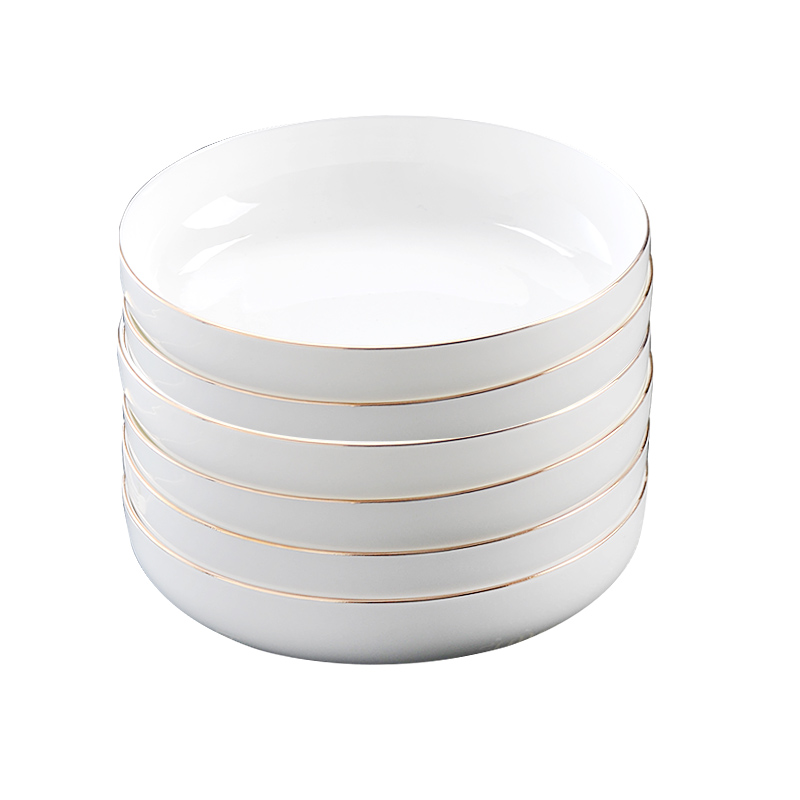 盘子6个 金边盘子西式简约饭盘汤盘8英寸凉菜盘圆形家用陶瓷盘子