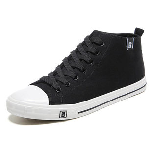 人本春季韩版高帮帆布鞋男休闲运动情侣鞋黑色男女板鞋子布鞋潮