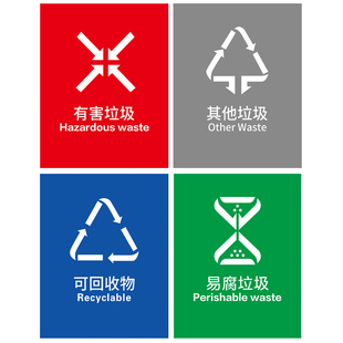 垃圾桶分类标识贴纸可回收易腐有害其他厨余垃圾标识标示宣传分类指南贴纸浙江杭州温州宁波广州垃圾分类图