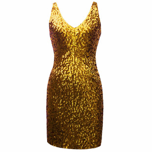 亮片演出礼服性感时尚V领修身显瘦舞台节目主持人服装背心连衣裙