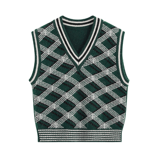 弥古复古绿色民族风针织马甲女士秋冬叠穿费尔岛毛衣背心显瘦上衣