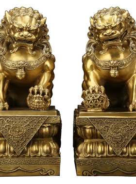 吉善堂黄铜宫门狮子一对摆件