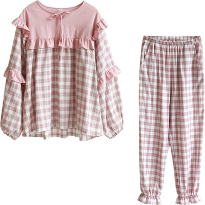 bananagirl睡衣女春秋圆领格子