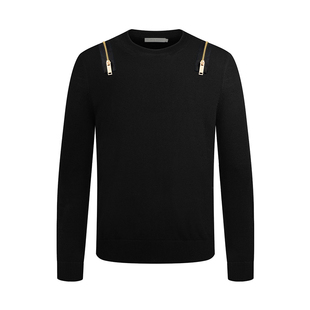 HW男装奢侈品秋冬新款时尚修身毛衣拉链装饰纯色圆领套头针织毛衫