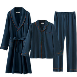 Pajamas men's nightgown spring and autumn pure cotton long-sleeved home wear men's bathrobe thin long three-piece suit