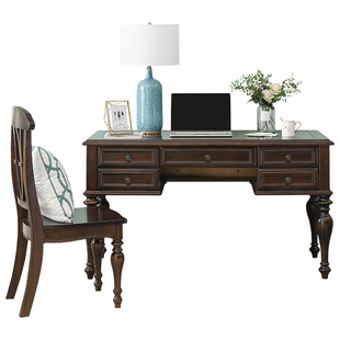 萨洛美式纯全实木书桌写字台复古欧式黑胡桃色家具家用书房电脑桌