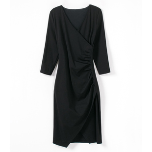 黑色包臀开叉连衣裙女秋冬装2025新款高端V领修身气质显瘦一步裙