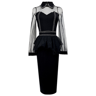 平时可穿小礼服2025秋冬新款网纱拼接修身连衣裙女宴会晚礼服裙子