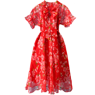 胖女童雪纺连衣裙2025春装新款儿童蝴蝶结碎花长裙女大童公主裙子