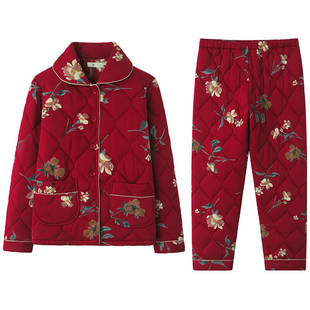 秋冬季睡衣女纯棉夹棉袄加厚保暖红色中年妈妈冬款全棉家居服套装