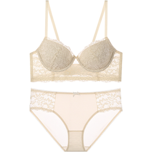 宝诗嫣性感薄款露背内衣女小胸聚拢文胸套装法式蕾丝U型美背胸罩