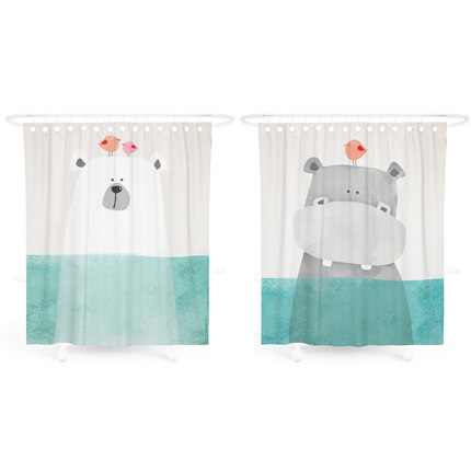 北欧浴室浴帘套装免打孔卫生间加厚防水防霉隔断帘可爱卡通挂帘。