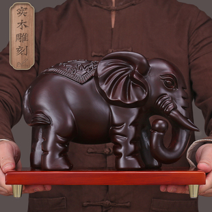 客厅电视柜办公室桌招财工艺品 黑檀实木雕刻大象摆件一对现代中式