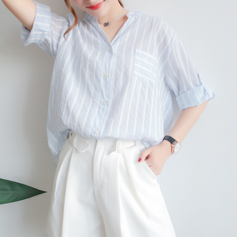 條紋襯衫女2020夏裝新款寬松韓版很仙的七分袖棉麻上衣洋氣設計感在類目 模玩/動漫/周邊/cos/桌遊, Cosplay服飾/道具/服務, Cosplay女裝中 - 來自Buy2taobao.com提供專業的淘寶代購服務