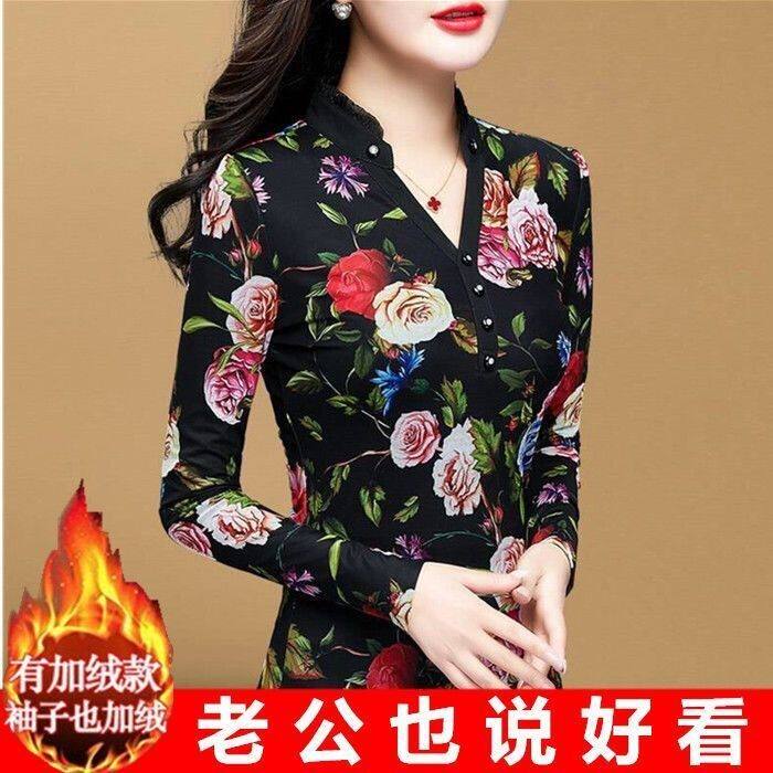 薄款加绒版秋冬印花网纱打底衫大码女长袖衬衫胖mm加绒蕾丝上衣|msdalam kategori Butik wanita / wanita, baju lace/baju chiffon - dari Buy2taobao.com untuk memberikan perkhidmatan ejen Taobao profesional membeli