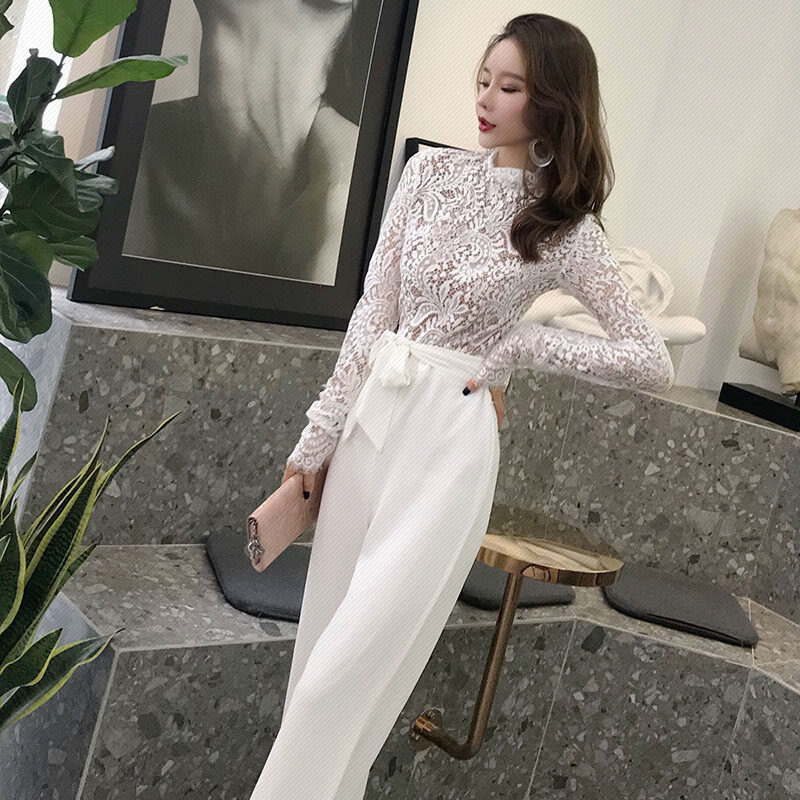 秋冬阔腿裤蕾丝花瓣长袖系带收腰阔腿韩版显瘦连体裤女春季新款
