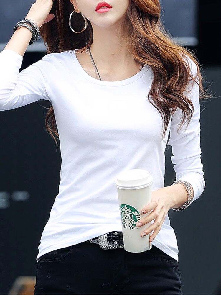 2024 여성용 새 순면 흰색 긴팔 티셔츠 라운드 넥 꽉 끼는 독일 벨벳 바닥 셔츠가 있는 세련된 슬림핏 탑