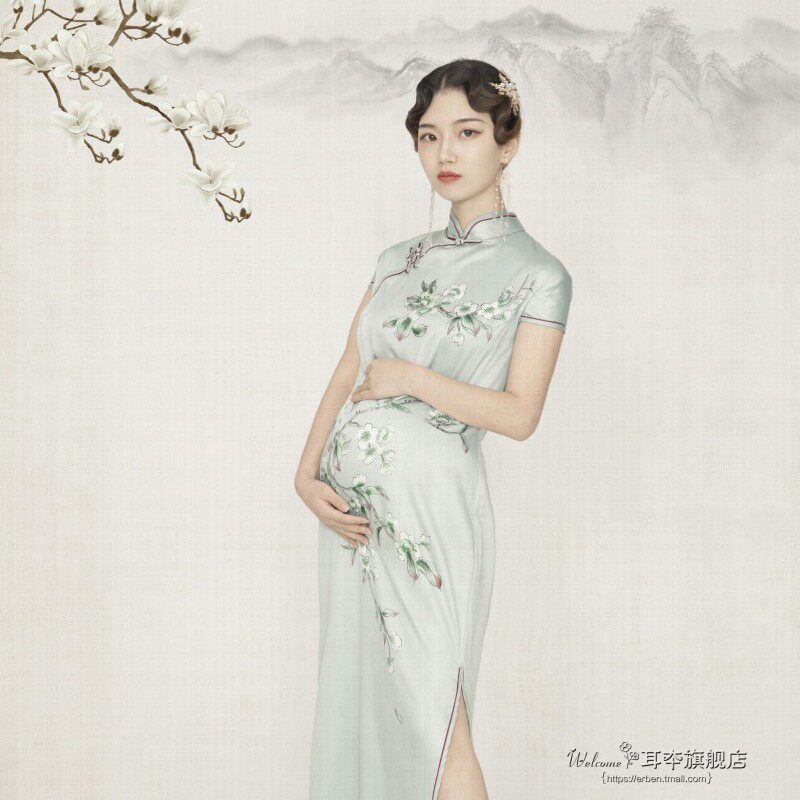新款孕妇照服装影楼拍摄工笔画中国风孕妇艺术照片旗袍写真孕妇装