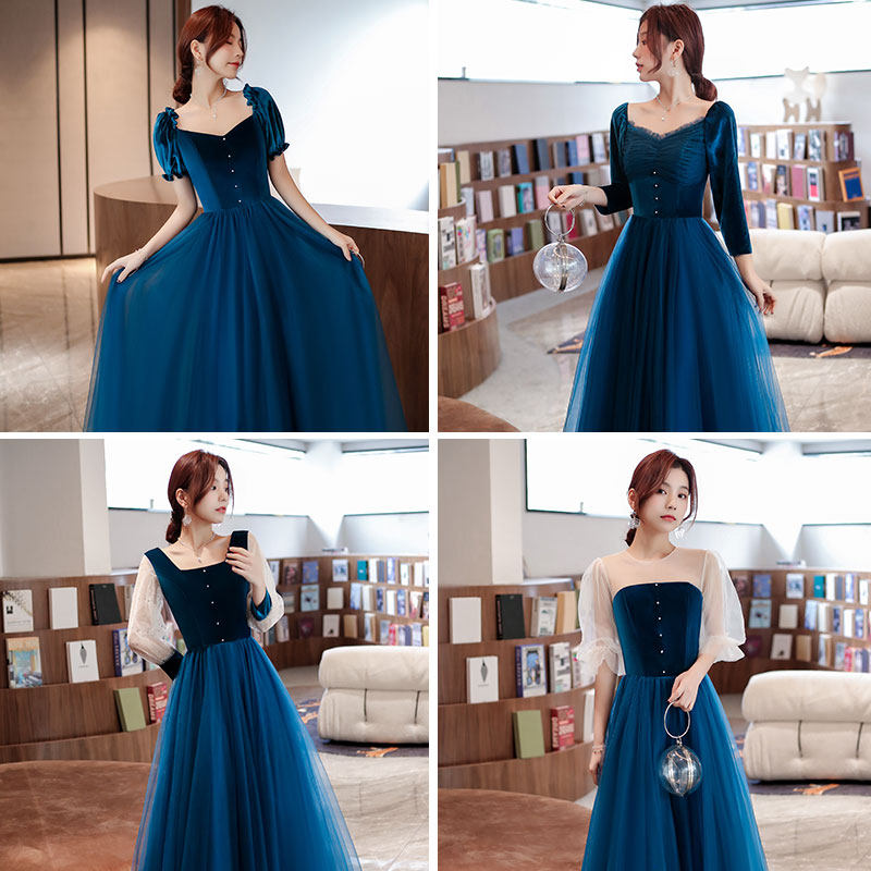 速发伴娘服服025新款冬季长袖丝绒姐妹团演出2晚礼服色蓝裙平时可