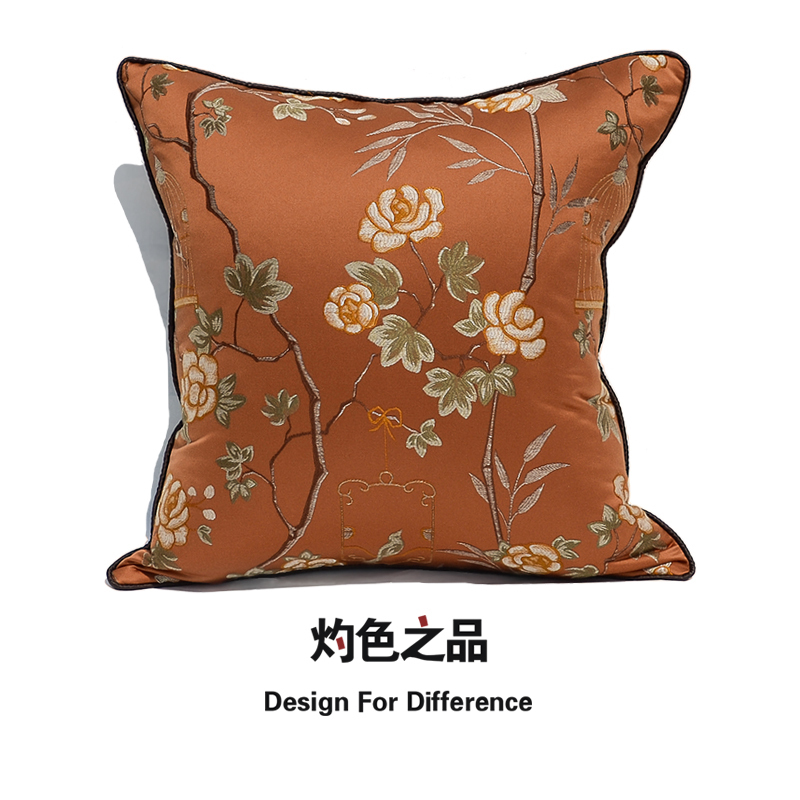 茶色绸缎绣花抱枕现代简约新中y式床头沙发客厅大靠背靠枕靠垫方