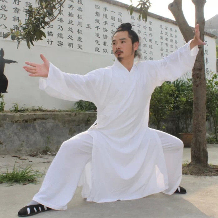白色武当长袍武当亚麻太极服武当道袍功夫武术表演三丰派道长服装