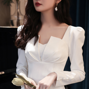 速发法式晚可礼服2021新款平时小穿白色宴会领证连衣裙长袖气质夏