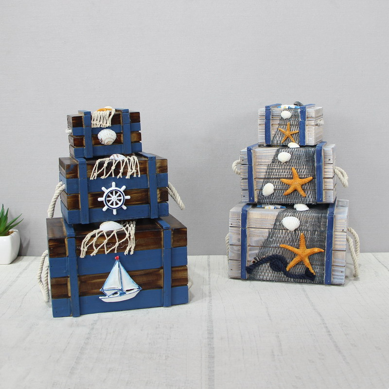 海洋海底小木箱地m中海风格沙滩木盒子创意收纳盒超市美陈装饰品