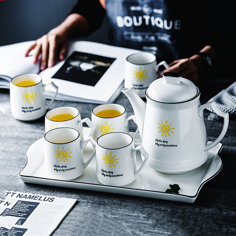 速发陶瓷喝客杯套装家用 创意水托简约水具杯具杯子6只套装带厅盘