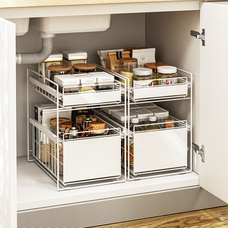 水槽下抽拉式置物架白钢橱柜架子厨房调料多层浴室柜厨柜收纳内置