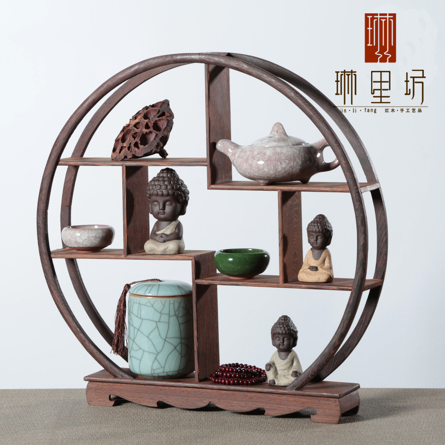 博古架圆形实木中式展示柜隔断简约现代茶L具架鸡翅木多宝阁电视