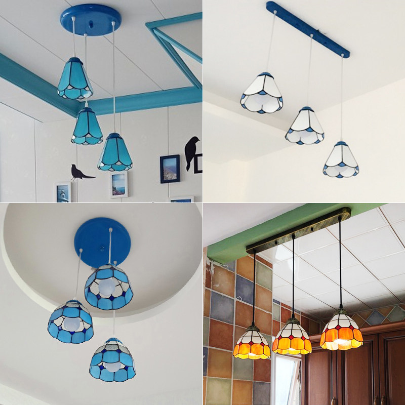 地中海风格餐厅吊灯具三头客餐桌灯圆盘田园饭店创意蓝色吧台灯饰