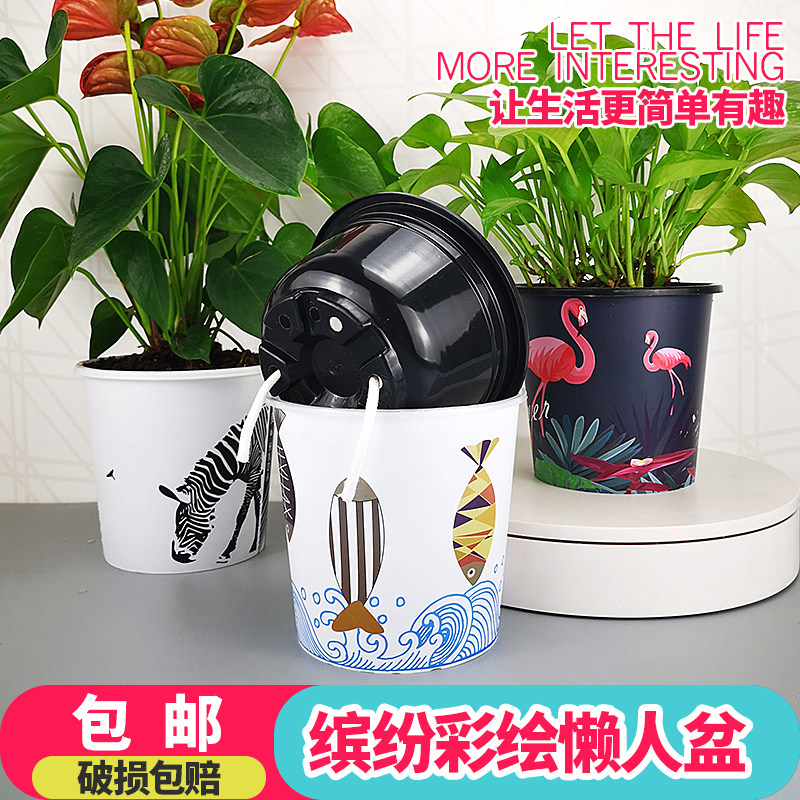 速发懒人多肉花盆创意个性彩图可爱萝篮养花绿花专用吊盆自动吸水