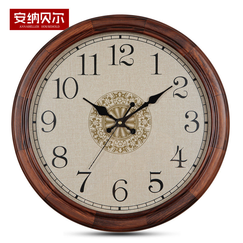 极速实木静音挂钟美式客厅石英钟表卧室圆形中R式墙壁时钟挂式表