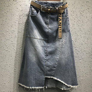 2021年夏季新款a字不规则大码牛仔长裙包裙休闲高腰超火半身裙女
