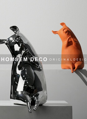 现代卡通创意电镀小猪雕塑摆饰售楼处样板间软装饰儿W童房简约摆